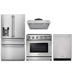 Thor Kitchen 4-Piece Appliance Package - 36-Inch Electric Range, Refrigerator with Water Dispenser, Under Cabinet Hood, & Dishwasher in Stainless Steel - The Home Selection