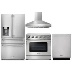 Thor Kitchen 4-Piece Appliance Package - 36-Inch Electric Range, Refrigerator with Water Dispenser, Wall Mount Hood, & Dishwasher in Stainless Steel - The Home Selection