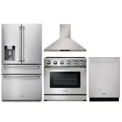 Thor Kitchen 4-Piece Appliance Package - 36-Inch Electric Range, Refrigerator with Water Dispenser, Wall Mount Hood, & Dishwasher in Stainless Steel - The Home Selection