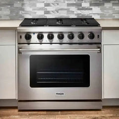 Thor Kitchen 4-Piece Appliance Package - 36-Inch Gas Range, Refrigerator with Water Dispenser, Dishwasher, & Microwave Drawer in Stainless Steel - The Home Selection