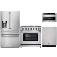Thor Kitchen 4-Piece Appliance Package - 36-Inch Gas Range, Refrigerator with Water Dispenser, Dishwasher, & Microwave Drawer in Stainless Steel - The Home Selection
