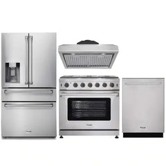 Thor Kitchen 4-Piece Appliance Package - 36-Inch Gas Range, Refrigerator with Water Dispenser, Under Cabinet Hood & Dishwasher in Stainless Steel - The Home Selection