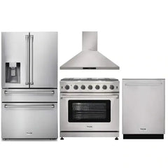 Thor Kitchen 4-Piece Appliance Package - 36-Inch Gas Range, Refrigerator with Water Dispenser, Wall Mount Hood, & Dishwasher in Stainless Steel - The Home Selection