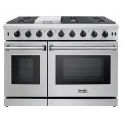 Thor Kitchen 4-Piece Appliance Package - 48-Inch Gas Range, Pro Wall Mount Hood, Refrigerator with Water Dispenser, & Dishwasher in Stainless Steel - The Home Selection
