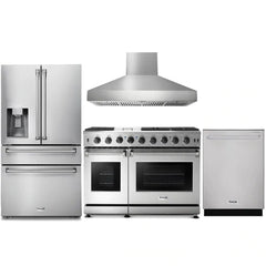 Thor Kitchen 4-Piece Appliance Package - 48-Inch Gas Range, Pro Wall Mount Hood, Refrigerator with Water Dispenser, & Dishwasher in Stainless Steel - The Home Selection
