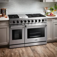 Thor Kitchen 4-Piece Appliance Package - 48-Inch Gas Range, Refrigerator with Water Dispenser, & Dishwasher in Stainless Steel - The Home Selection