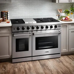 Thor Kitchen 4-Piece Appliance Package - 48-Inch Gas Range, Refrigerator with Water Dispenser, Dishwasher, & Microwave Drawer in Stainless Steel - The Home Selection
