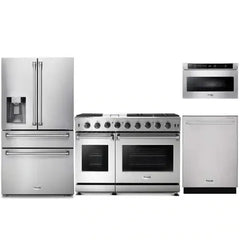 Thor Kitchen 4-Piece Appliance Package - 48-Inch Gas Range, Refrigerator with Water Dispenser, Dishwasher, & Microwave Drawer in Stainless Steel - The Home Selection