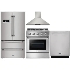Thor Kitchen 4-Piece Pro Appliance Package - 30" Dual Fuel Range, French Door Refrigerator, Wall Mount Hood and Dishwasher in Stainless Steel - The Home Selection