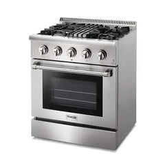 Thor Kitchen 4-Piece Pro Appliance Package - 30" Dual Fuel Range, Refrigerator with Water Dispenser, Dishwasher, and Microwave Drawer in Stainless Steel - The Home Selection