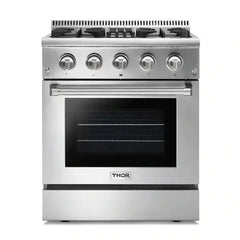 Thor Kitchen 4-Piece Pro Appliance Package - 30" Dual Fuel Range, Refrigerator with Water Dispenser, Dishwasher, and Microwave Drawer in Stainless Steel - The Home Selection