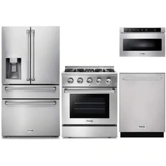 Thor Kitchen 4-Piece Pro Appliance Package - 30" Dual Fuel Range, Refrigerator with Water Dispenser, Dishwasher, and Microwave Drawer in Stainless Steel - The Home Selection