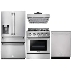 Thor Kitchen 4-Piece Pro Appliance Package - 30-Inch Dual Fuel Range, Refrigerator with Water Dispenser, Under Cabinet Hood & Dishwasher in Stainless Steel - The Home Selection