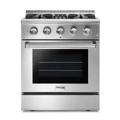 Thor Kitchen 4-Piece Pro Appliance Package - 30-Inch Dual Fuel Range, Refrigerator with Water Dispenser, Wall Mount Hood & Dishwasher in Stainless Steel - The Home Selection