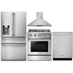 Thor Kitchen 4-Piece Pro Appliance Package - 30-Inch Dual Fuel Range, Refrigerator with Water Dispenser, Wall Mount Hood & Dishwasher in Stainless Steel - The Home Selection