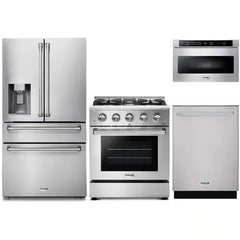 Thor Kitchen 4-Piece Pro Appliance Package - 30-Inch Gas Range, Refrigerator with Water Dispenser, Dishwasher, & Microwave Drawer in Stainless Steel - The Home Selection