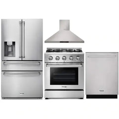 Thor Kitchen 4-Piece Pro Appliance Package - 30-Inch Gas Range, Refrigerator with Water Dispenser, Wall Mount Hood & Dishwasher in Stainless Steel - The Home Selection