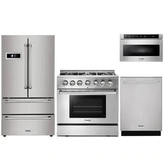 Thor Kitchen 4-Piece Pro Appliance Package - 36" Dual Fuel Range, French Door Refrigerator, Dishwasher, and Microwave Drawer in Stainless Steel - The Home Selection