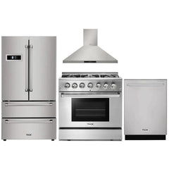 Thor Kitchen 4-Piece Pro Appliance Package - 36" Dual Fuel Range, French Door Refrigerator, Wall Mount Hood and Dishwasher in Stainless Steel - The Home Selection