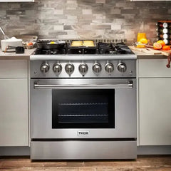 Thor Kitchen 4-Piece Pro Appliance Package - 36" Gas Range, French Door Refrigerator, Dishwasher, and Microwave Drawer in Stainless Steel - The Home Selection