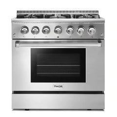 Thor Kitchen 4-Piece Pro Appliance Package - 36-Inch Dual Fuel Range, Refrigerator with Water Dispenser, Dishwasher, & Microwave Drawer in Stainless Steel - The Home Selection
