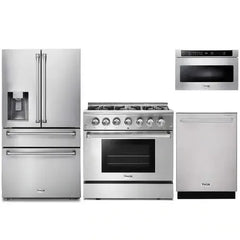Thor Kitchen 4-Piece Pro Appliance Package - 36-Inch Dual Fuel Range, Refrigerator with Water Dispenser, Dishwasher, & Microwave Drawer in Stainless Steel - The Home Selection