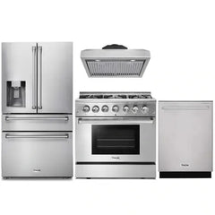 Thor Kitchen 4-Piece Pro Appliance Package - 36-Inch Dual Fuel Range, Refrigerator with Water Dispenser, Under Cabinet Hood & Dishwasher in Stainless Steel - The Home Selection