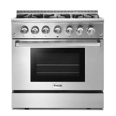 Thor Kitchen 4-Piece Pro Appliance Package - 36-Inch Dual Fuel Range, Refrigerator with Water Dispenser, Wall Mount Hood & Dishwasher in Stainless Steel - The Home Selection