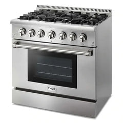 Thor Kitchen 4-Piece Pro Appliance Package - 36-Inch Dual Fuel Range, Refrigerator with Water Dispenser, Wall Mount Hood & Dishwasher in Stainless Steel - The Home Selection