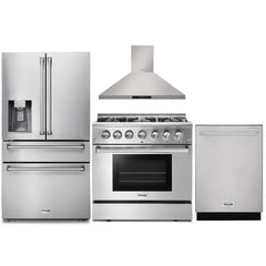 Thor Kitchen 4-Piece Pro Appliance Package - 36-Inch Dual Fuel Range, Refrigerator with Water Dispenser, Wall Mount Hood & Dishwasher in Stainless Steel - The Home Selection