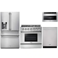 Thor Kitchen 4-Piece Pro Appliance Package - 36-Inch Gas Range, Refrigerator with Water Dispenser, Dishwasher, & Microwave Drawer in Stainless Steel - The Home Selection
