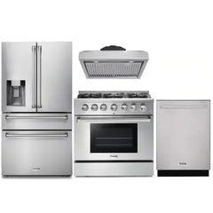 Thor Kitchen 4-Piece Pro Appliance Package - 36-Inch Gas Range, Refrigerator with Water Dispenser, Under Cabinet Hood & Dishwasher in Stainless Steel - The Home Selection