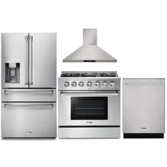 Thor Kitchen 4-Piece Pro Appliance Package - 36-Inch Gas Range, Refrigerator with Water Dispenser, Wall Mount Hood & Dishwasher in Stainless Steel - The Home Selection