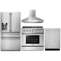 Thor Kitchen 4-Piece Pro Appliance Package - 36-Inch Gas Range, Refrigerator with Water Dispenser, Wall Mount Hood & Dishwasher in Stainless Steel - The Home Selection