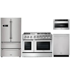 Thor Kitchen 4-Piece Pro Appliance Package - 48" Dual Fuel Range, French Door Refrigerator, Dishwasher, and Microwave Drawer in Stainless Steel - The Home Selection