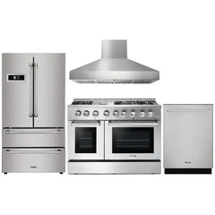 Thor Kitchen 4-Piece Pro Appliance Package - 48" Gas Range, Pro Wall Mount Hood, French Door Refrigerator, and Dishwasher in Stainless Steel - The Home Selection