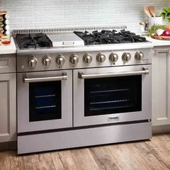 Thor Kitchen 4-Piece Pro Appliance Package - 48-Inch Dual Fuel Range, Pro Wall Mount Hood, Refrigerator with Water Dispenser, & Dishwasher in Stainless Steel - The Home Selection