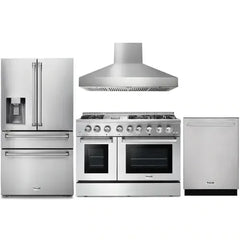 Thor Kitchen 4-Piece Pro Appliance Package - 48-Inch Dual Fuel Range, Pro Wall Mount Hood, Refrigerator with Water Dispenser, & Dishwasher in Stainless Steel - The Home Selection