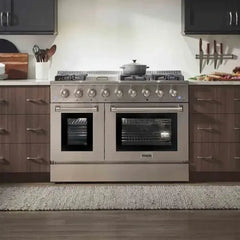 Thor Kitchen 4-Piece Pro Appliance Package - 48-Inch Dual Fuel Range, Refrigerator with Water Dispenser, Dishwasher, & Microwave Drawer in Stainless Steel - The Home Selection
