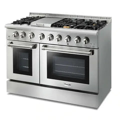 Thor Kitchen 4-Piece Pro Appliance Package - 48-Inch Dual Fuel Range, Refrigerator with Water Dispenser, Dishwasher, & Microwave Drawer in Stainless Steel - The Home Selection