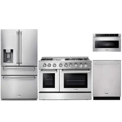 Thor Kitchen 4-Piece Pro Appliance Package - 48-Inch Dual Fuel Range, Refrigerator with Water Dispenser, Dishwasher, & Microwave Drawer in Stainless Steel - The Home Selection