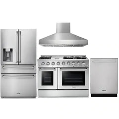 Thor Kitchen 4-Piece Pro Appliance Package - 48-Inch Gas Range, Pro Wall Mount Hood, Refrigerator with Water Dispenser, & Dishwasher in Stainless Steel - The Home Selection