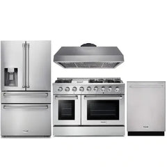 Thor Kitchen 4-Piece Pro Appliance Package - 48-Inch Gas Range, Refrigerator with Water Dispenser, & Dishwasher in Stainless Steel - The Home Selection