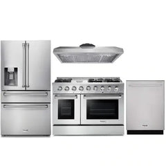 Thor Kitchen 4-Piece Pro Appliance Package - 48-Inch Gas Range, Refrigerator with Water Dispenser, & Dishwasher in Stainless Steel - The Home Selection