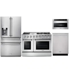 Thor Kitchen 4-Piece Pro Appliance Package - 48-Inch Gas Range, Refrigerator with Water Dispenser, Dishwasher, & Microwave Drawer in Stainless Steel - The Home Selection