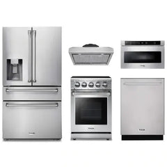 Thor Kitchen 5-Piece Appliance Package - 24-Inch Electric Range, Refrigerator with Water Dispenser, Under Cabinet Hood, Dishwasher, & Microwave Drawer in Stainless Steel - The Home Selection