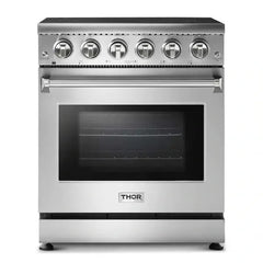 Thor Kitchen 5-Piece Appliance Package - 30" Electric Range, French Door Refrigerator, Wall Mount Hood, Dishwasher, and Microwave Drawer in Stainless Steel - The Home Selection