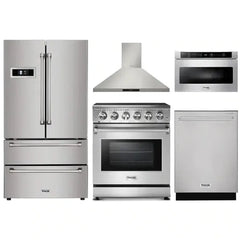 Thor Kitchen 5-Piece Appliance Package - 30" Electric Range, French Door Refrigerator, Wall Mount Hood, Dishwasher, and Microwave Drawer in Stainless Steel - The Home Selection