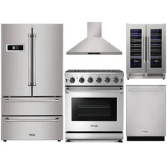 Thor Kitchen 5-Piece Appliance Package - 30" Gas Range, French Door Refrigerator, Wall Mount Hood, Dishwasher, and Wine Cooler in Stainless Steel - The Home Selection
