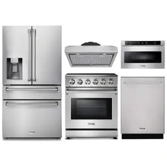 Thor Kitchen 5-Piece Appliance Package - 30-Inch Electric Range, Refrigerator with Water Dispenser, Under Cabinet Hood, Dishwasher, & Microwave Drawer in Stainless Steel - The Home Selection